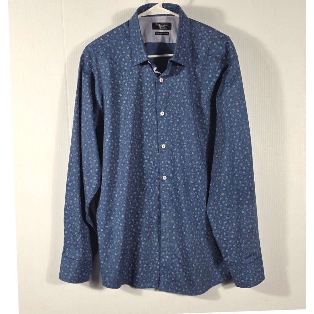 Original Penguin Men Blue Floral Micro Print Heritage Slim Fit Button Down Shirt